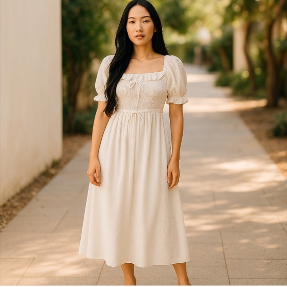 NWT R. YIposha Women White Prairie Summer Beach Flowy Midi Dress Size 8/… - Picture 1 of 16